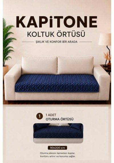 Tek Parça Kaymaz Taban Kapitone Koltuk Örtüsü Çekyat Kanepe Örtüsü 90x200 Lacivert Lacivert