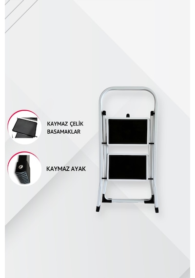 Portalife 2 Basamaklı Beyaz Çelik Merdiven Ekstra Güvenli & Ultra İnce Katlanabilir Tasarım