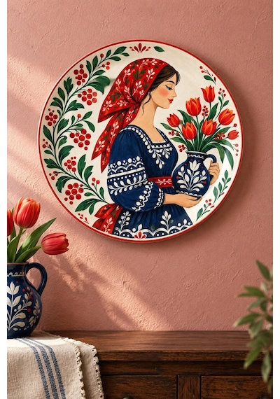 Dekoratif Duvar Tabağı Laleli Halk Masalı Dekorlu Seramik Tabak Mavi