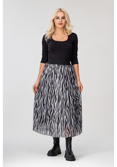 Bold & Young Kadın Siyah Beyaz Zebra Baskılı Astarlı Beli Lastikli Tül Etek