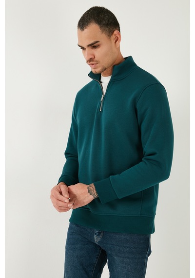 Buratti Pamuklu Regular Fit Yarım Fermuarlı Dik Yaka Erkek Sweat 59052592 Petrol