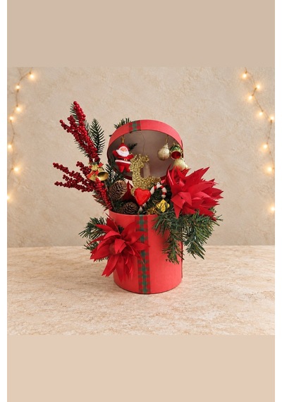 Coffret Magique Işıklı Kapaklı Noel Babalı Yılbaşı Hediye Kutusu - El Yapımı Yapay Çiçek Kırmızı