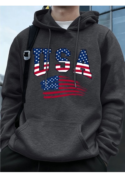 Startmore Tarzsokak Abd Amerika Bayrağı Baskı Erkek Tişörtü Kış Polar Sıcak Kapüşonlular Temelleri Büyük Boy Cep Antrasit