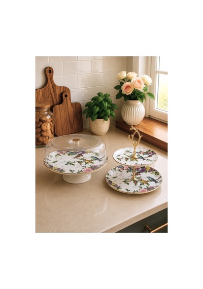Flora 2li Fanuslu Seramik Katlı Kurabiyelik Pasta Sunum Tabağı Seti - Kup123f Beyaz