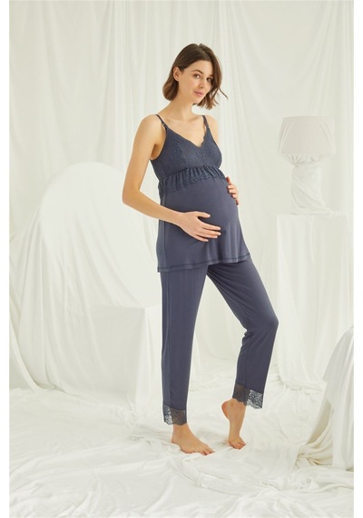 Monamise 18432453 Kadın Lacivert Hamile Lohusa Seti Sabahlık Gecelik Pijama Takım