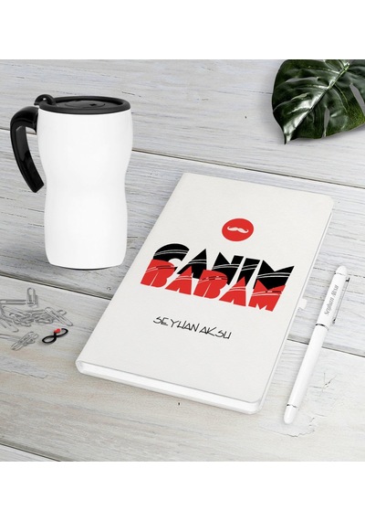 Kişiye Özel Canım Babam Beyaz Defter Kalem Termos Mug Seti-5