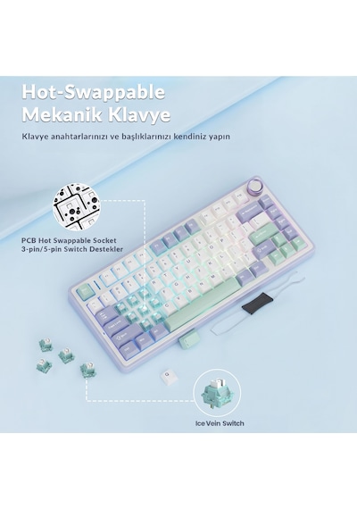 Aula F75 Mekanik Rgb Tkl Ice Vein Switch Kablosuz Makrolu Hot Swap Klavye Pastel