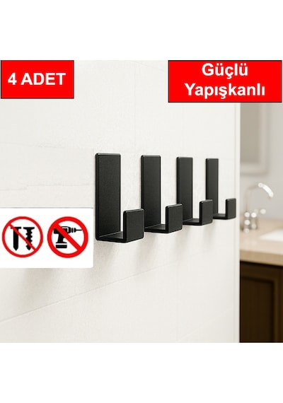 4 Adet Kapı Arkası Güçlü Yapışkanlı Plastik Çok Amaçlı Pratik Askı Havlu Askılık Siyah Diğer