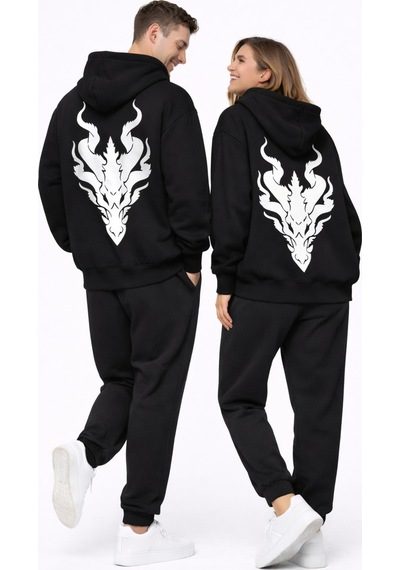 Nevermınd Unisex Ejderha Baskılı Beyaz Sevgili Kombini Oversize Hoodie Seti Siyah Siyah