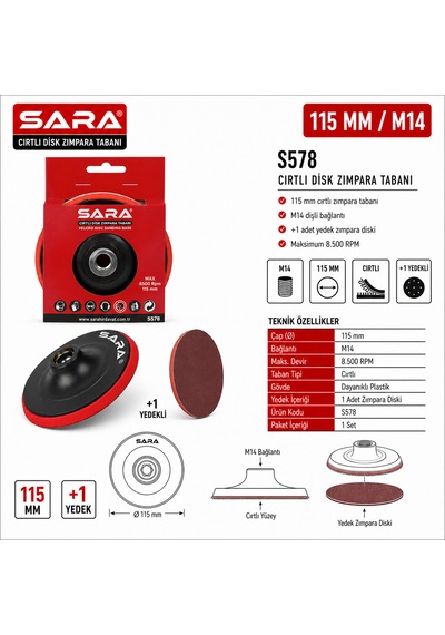 Sara S578 115 Mm Cırtlı Disk Zımpara Tabanı M14 Bağlantılı, Maksimum 8.500 Rpm, +1 Yedekli