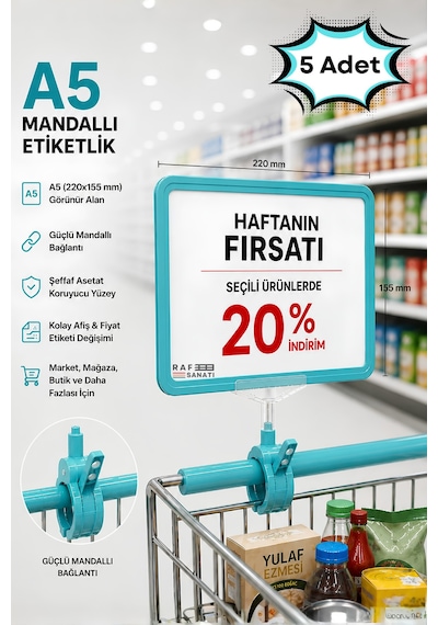 5 Adet - A5 Mandallı Etiketlik Fiyatlık Sepet Raf Askılık Fiyat Etiketi Çerçeveli Market Mağaza Turkuaz