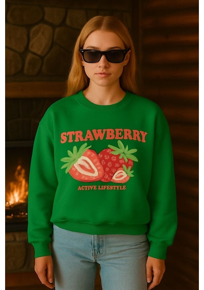 Benroma 3 İplik Penye Strawberry Baskılı Unisex Sweatshırt Yeşil