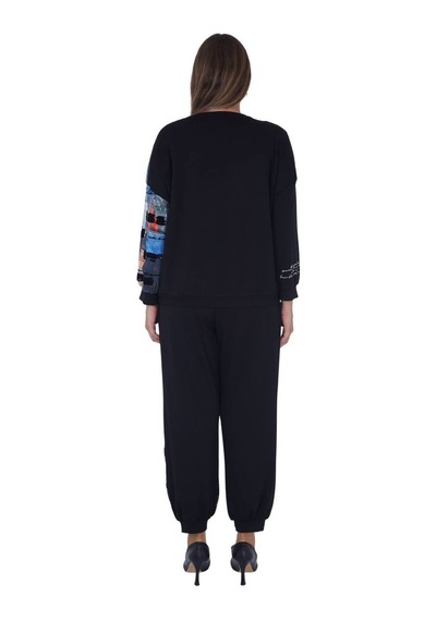 Büyük Beden Payetli Yazılı Bluz Pantalon Alt Üst İkili Viskon Takım Siyah