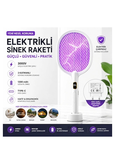 Dijital Ekranlı Şarjlı Sinek Raketi Usb Type-c Elektrikli Standlı El Tipi Mor Işıklı Sivrisinek Öldürücü Beyaz