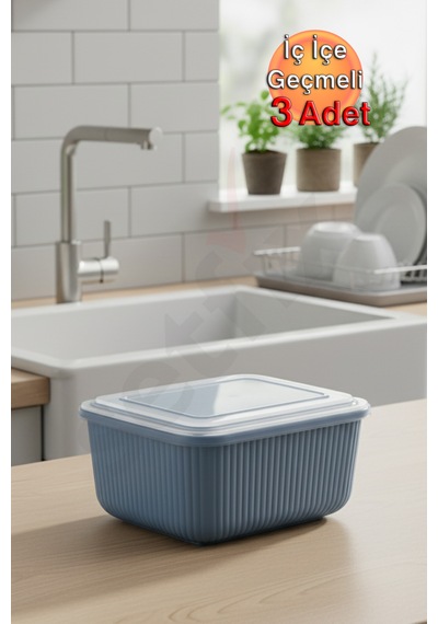 İç İçe Geçmeli Snaplid Dikdörtgen Saklama Kabı 600 - 1100 - 1800 Ml Üçlü Set Bej