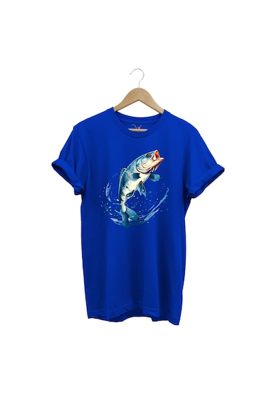 Balıkçılık Levrek Balığı Baskılı Renkli Tasarım %100 Pamuk Regular Fit Bisiklet Yaka Mavi T-shirt Mavi