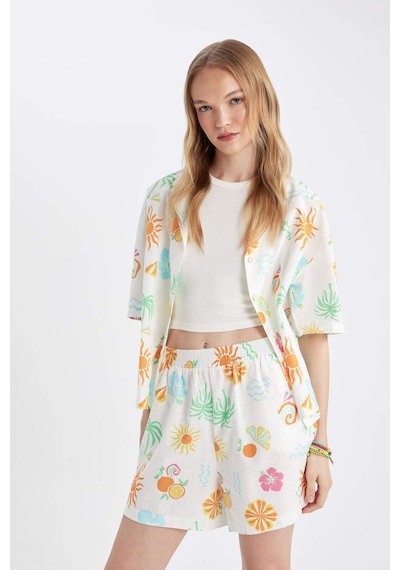 DeFacto Coool Oversize Geniş Kalıp Desenli Pijama Yaka Kısa Kollu Gömlek D5117AX24HSWT34