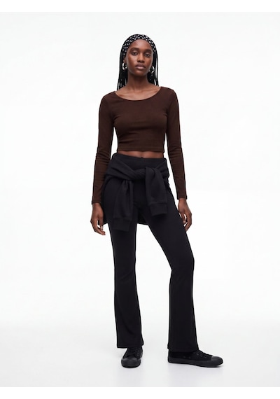 LTB Uzun Kollu Bisiklet Yaka Crop Kahverengi Sweatshırt