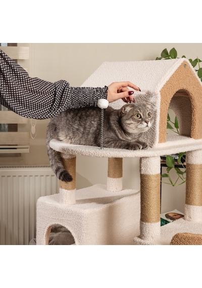 Raikou Karamel Kedi Ağacı 3 Katlı Tırmalama Direği Yatak ve Oyuncaklar
