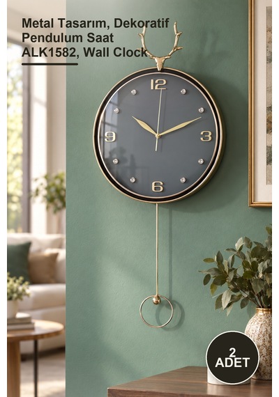 2 Adet Geyikli Sarkaçlı Duvar Saati Metal Tasarım, Dekoratif Pendulum Saat Alk1582, Wall Clock Diğer