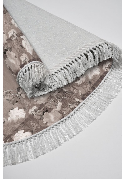Dijital Baskılı Oval Salon Halısı Kaymaz Yıkanabilir Keçe Taban Saçaklı Çiçekli P1388 gri