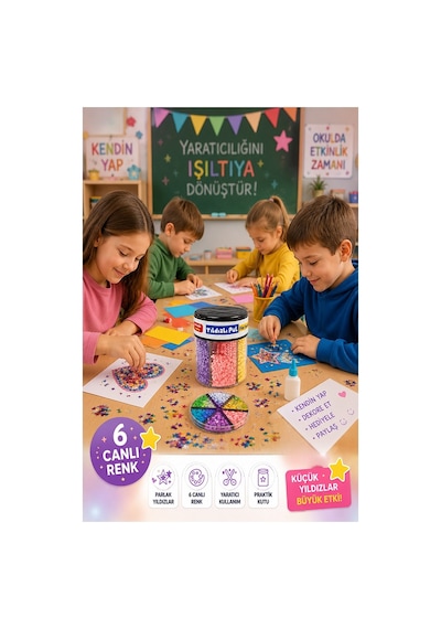 Yıldızlı Pul Standlı 6 Renk 60gr 1 Paket Bubu Parlak Pul Okul Sınıf Etkinlik Resim Dekarasyon Hobi Süsleme Sanat