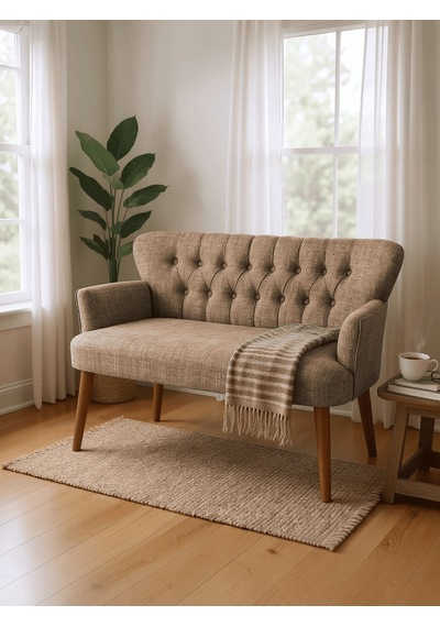 Roma Keten Kumaş İkili Koltuk Chester Kapitoneli Ahşap Ayaklı - Kahverengi