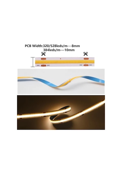 Tr Cob Led Şerit 5metre 12v 320led/m 3000k Sıcak Beyaz 10w 8mm Ip20 Aydınlatma Işık Hortum Kendinden Yapışkanlı