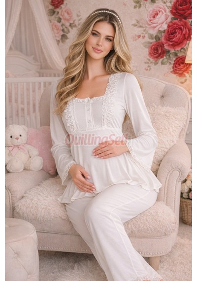 Lady  Dantel Detaylı 33205 Uzun Kol 2 Parça Lohusa Hamile Pijama Takımı Ekru Renkli