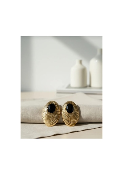 Lunarie Oval Çizgili Vintage Statement Küpe 14k Gold Spiral Altın