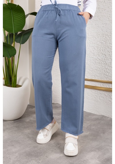 Nevayla Moda Beli Lastikli Keten Pantolon - Mavi / A0104 Mavi