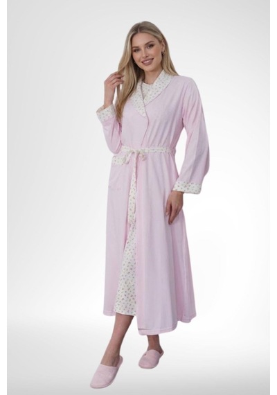 Mecit Pijama Mecit 6382 Pembe Kadın Uzun Sabahlıklı Uzun Kollu Gecelik Takım