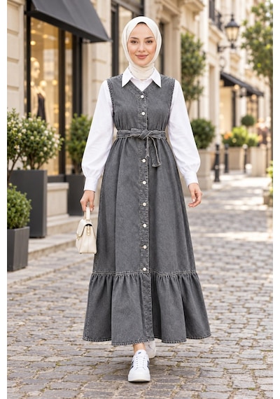 Hb Harma Time Butik Kadın Düğmeli Kuşaklı Eteği Fırfırlı Gri Kot Jile Gri Gri