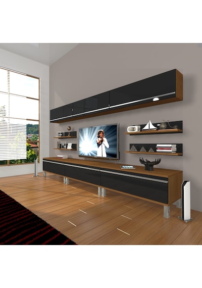 Decoraktiv Eko 8y Mdf Krom Ayaklı Tv Ünitesi Tv Sehpası Ceviz - Siyah