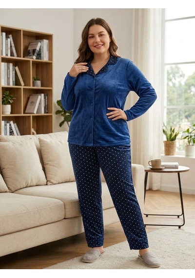 Büyük Beden Boydan Düğmeli Likralı Yumuşak Tuşeli Kadife Kumaş Pijama Takımı Lacivert