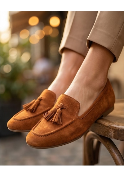 Futsishoes Mılet Taba Süet Hakiki Deri Püsküllü Loafer Kadın Babet