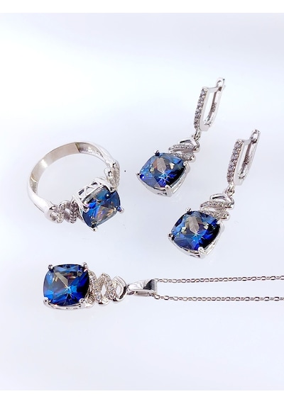 Gümüş Mavi Topaz Taşlı Kare Tasarım Kolye Küpe Yüzük Kadın Set