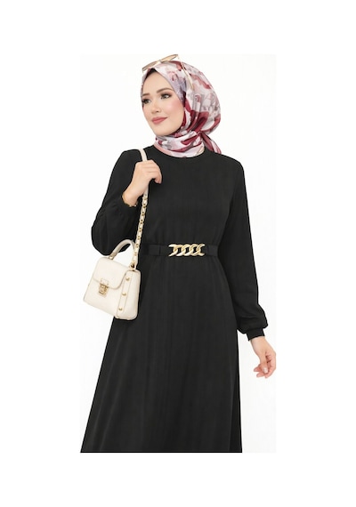 Hira Life Fashion Kadın Gold Zincir Kemer Detaylı Bisiklet Yaka Ve Tesettür Giyim Burgu Elbise Siyah Siyah Hira Life Fashion Kadın Gold Zincir Kemer Detaylı Bisiklet Yaka Ve Tesettür Giyim Burgu Elbise Siyah Siyah