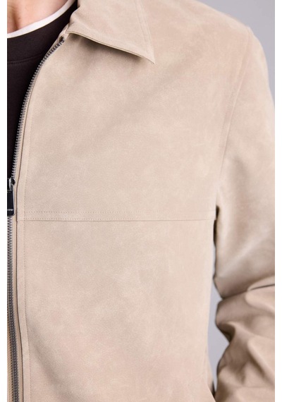 Defacto Slim Fit Gömlek Yaka Fermuarlı Süet Görünümlü Suni Deri Mont H2231ax26aubg773 Bej-bg773