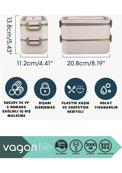 Lexroo Vagonlife Bento 2000ml Lunchbox 2 Katlı 3 Bölmeli Mini Kaseli Çelik Sefer Tası Yemek Kutusu Çok Renkli