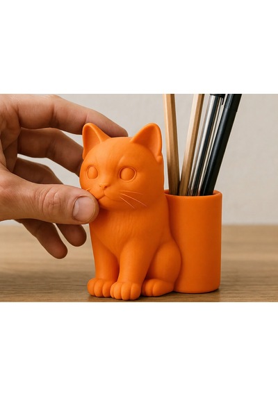 3d Baskı Kedi Figürlü Kalemlik - Masaüstü Organizer - Turuncu Çok Renkli