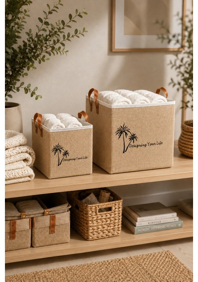S+m 2li Jüt Saklama Kutusu Seti 20x20x20 Ve 25x25x25 Cm Dolap İçi Raf Düzenleyici Organizer Sepet Doğal