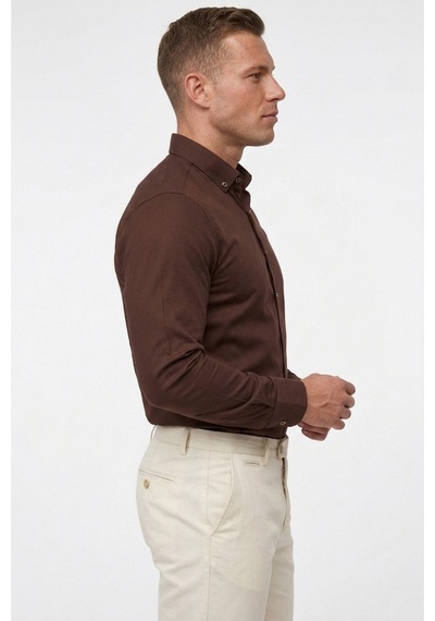 Deepsea Kahve Slim Fit Likralı Kolay Ütülenebilir Gizli Düğmeli Erkek Gömlek 2602614