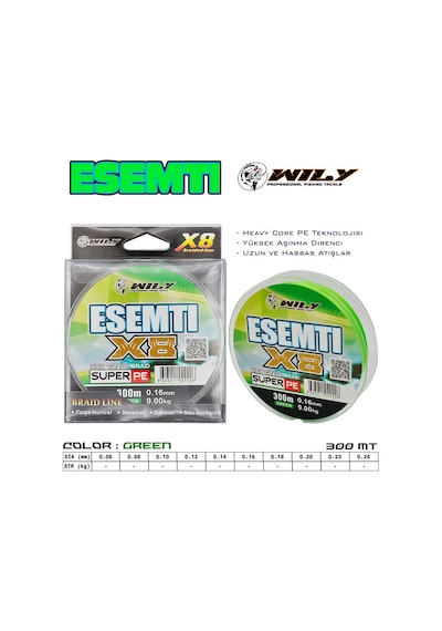 Wily Esenti 8 Kat İp Misina 300 Mt Yeşil 0,18