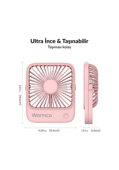 Warmco D1 Masaüstü Vantilatör Usb Ve Type-c Bağlantılı Taşınabilir Ultra İnce Soğutucu Fan Pembe