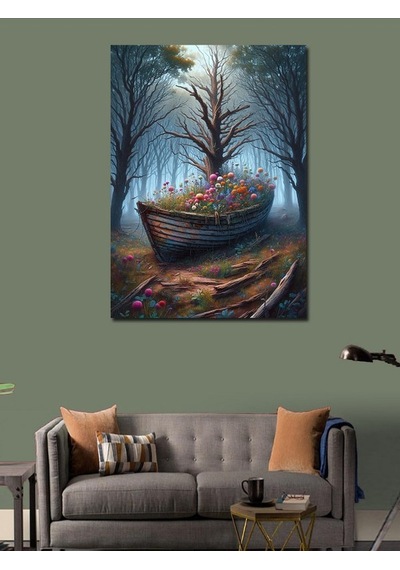 Kanvas Tablo Ahşap Tekne Ve Çiçekler 50cmx70cm