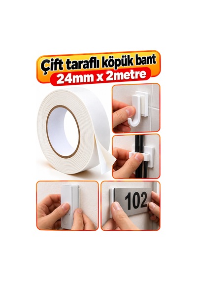 Güçlü Çift Taraflı Köpük Bant 24mm X 2 Metre Montaj Bandı Yapışkanlı Bant