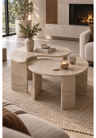 Sulorahome 2'li Oval Modern Orta Sehpa Seti Traverten Desenli Atlantik-traverten Sulorahome 2'li Oval Modern Orta Sehpa Seti Traverten Desenli Atlantik-traverten