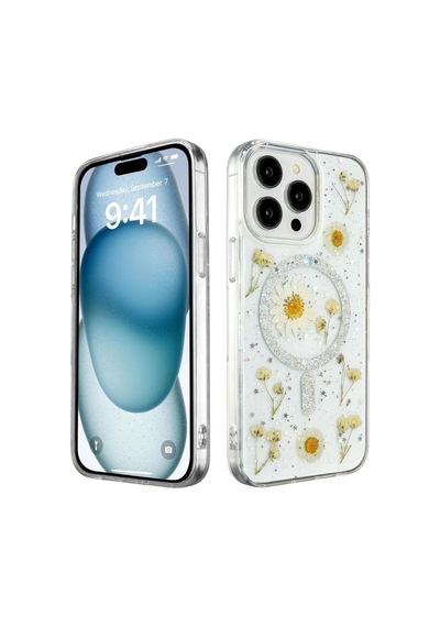 Apple İphone 14 Pro Kılıf Daisy Simli Magsafe Kapak - Gümüş Çok Renkli