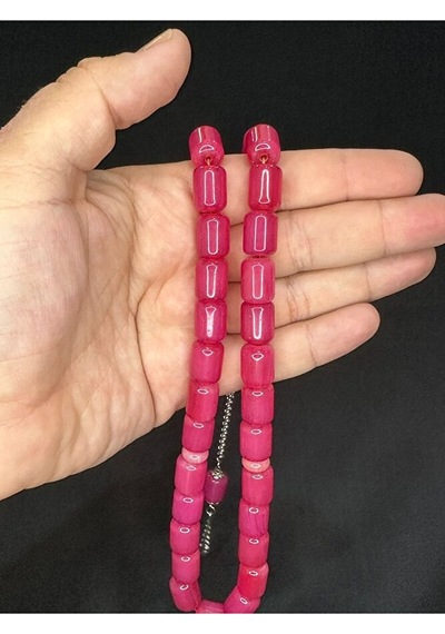 Sıkma Kehribar Tesbih Büyük Boy Pembe Renk 14mm X 11mm T-518